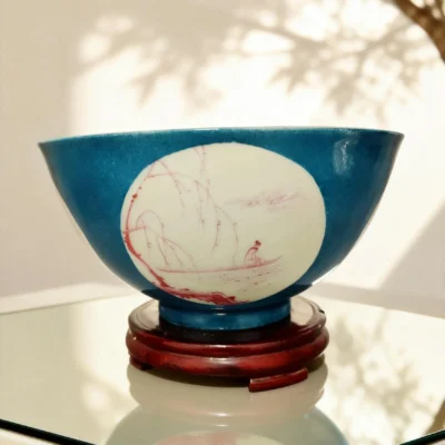 Blue-Glaze Framed Coral Red Landscape Porcelain Bowl