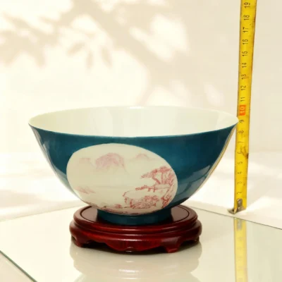 Blue-Glaze Framed Coral Red Landscape Porcelain Bowl