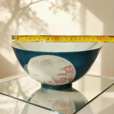 Blue-Glaze Framed Coral Red Landscape Porcelain Bowl