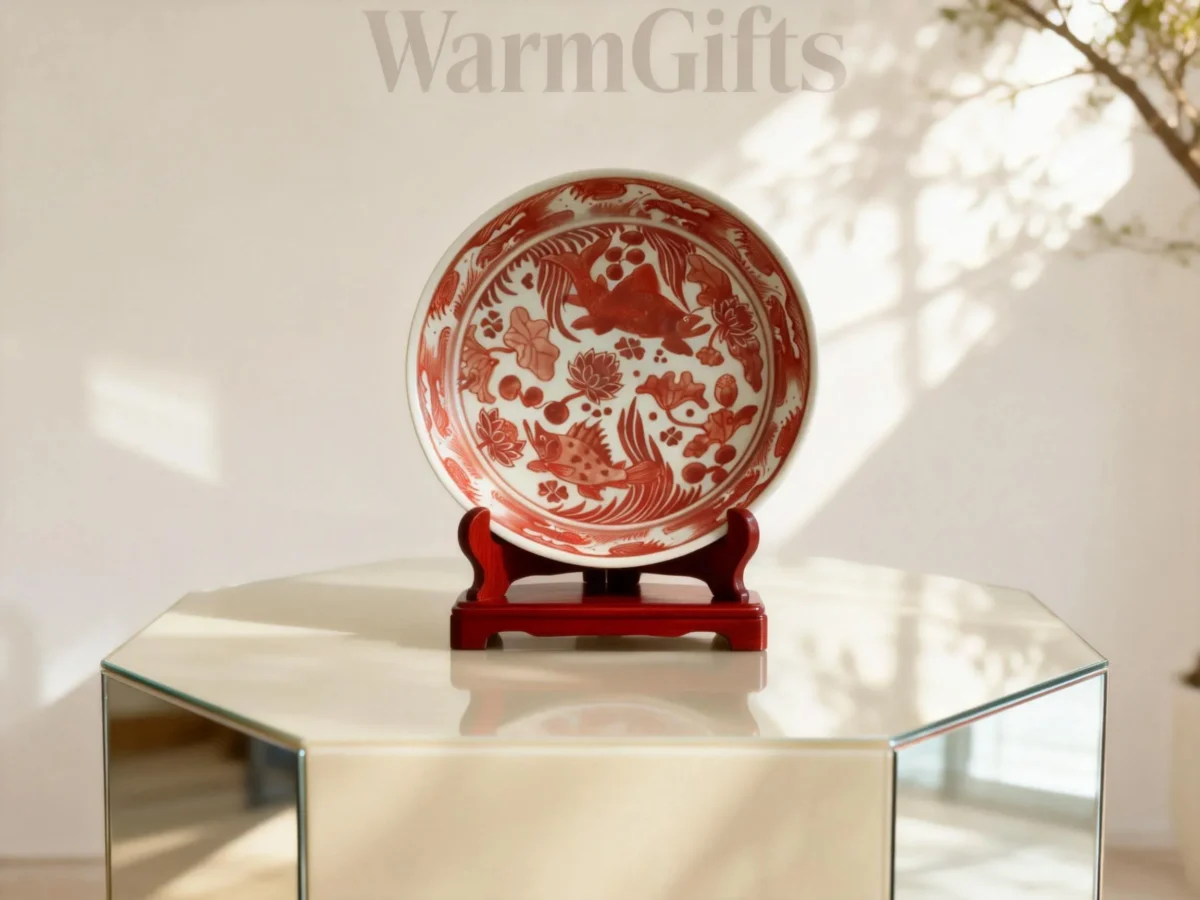 Red Rhythm Fish Lotus Porcelain Plate