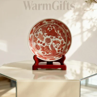 Red Rhythm Fish Lotus Porcelain Plate