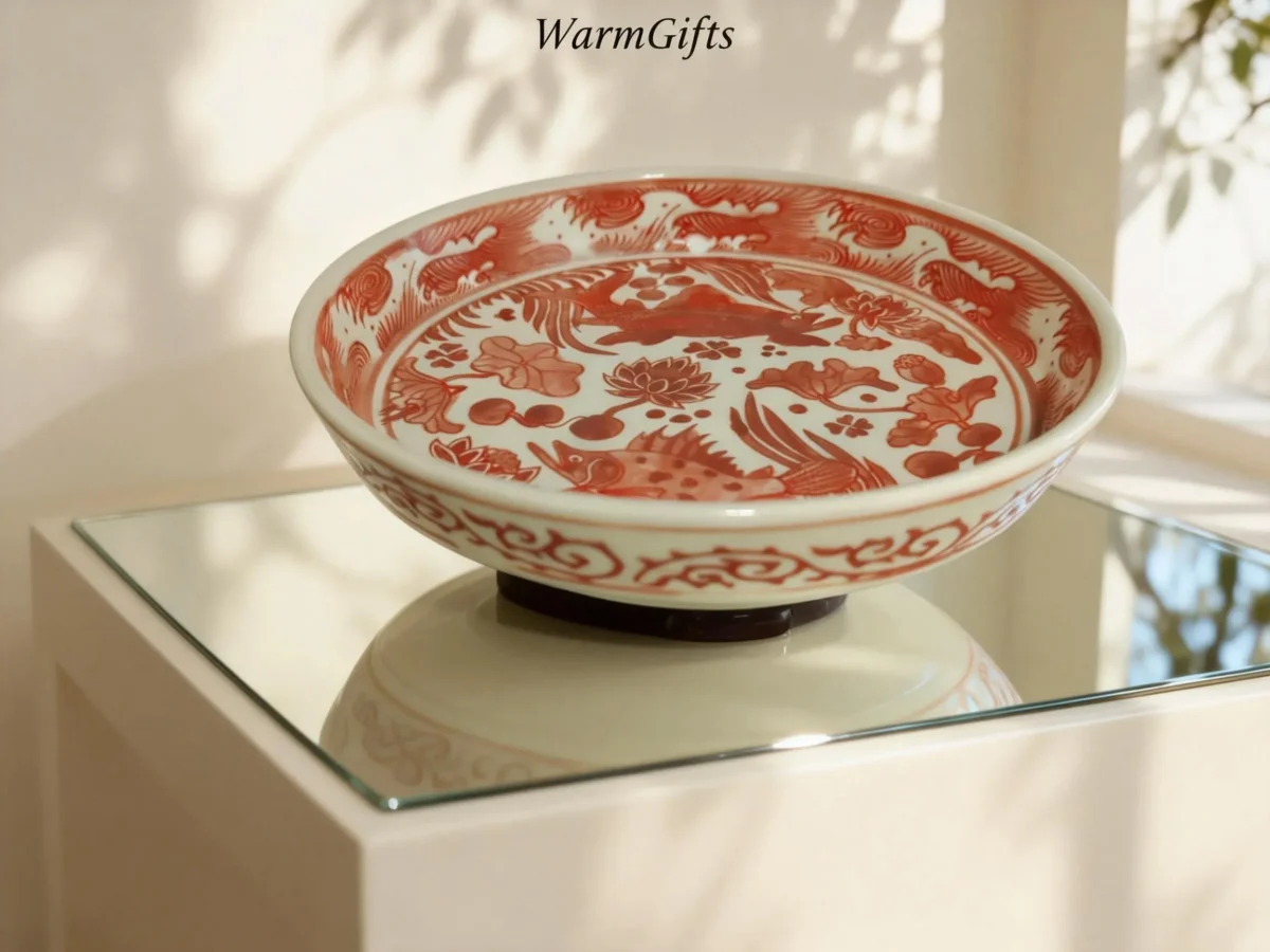 Red Rhythm Fish Lotus Porcelain Plate