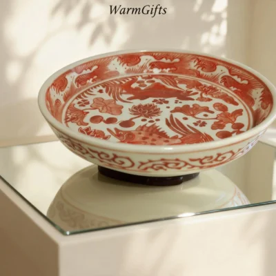 Red Rhythm Fish Lotus Porcelain Plate