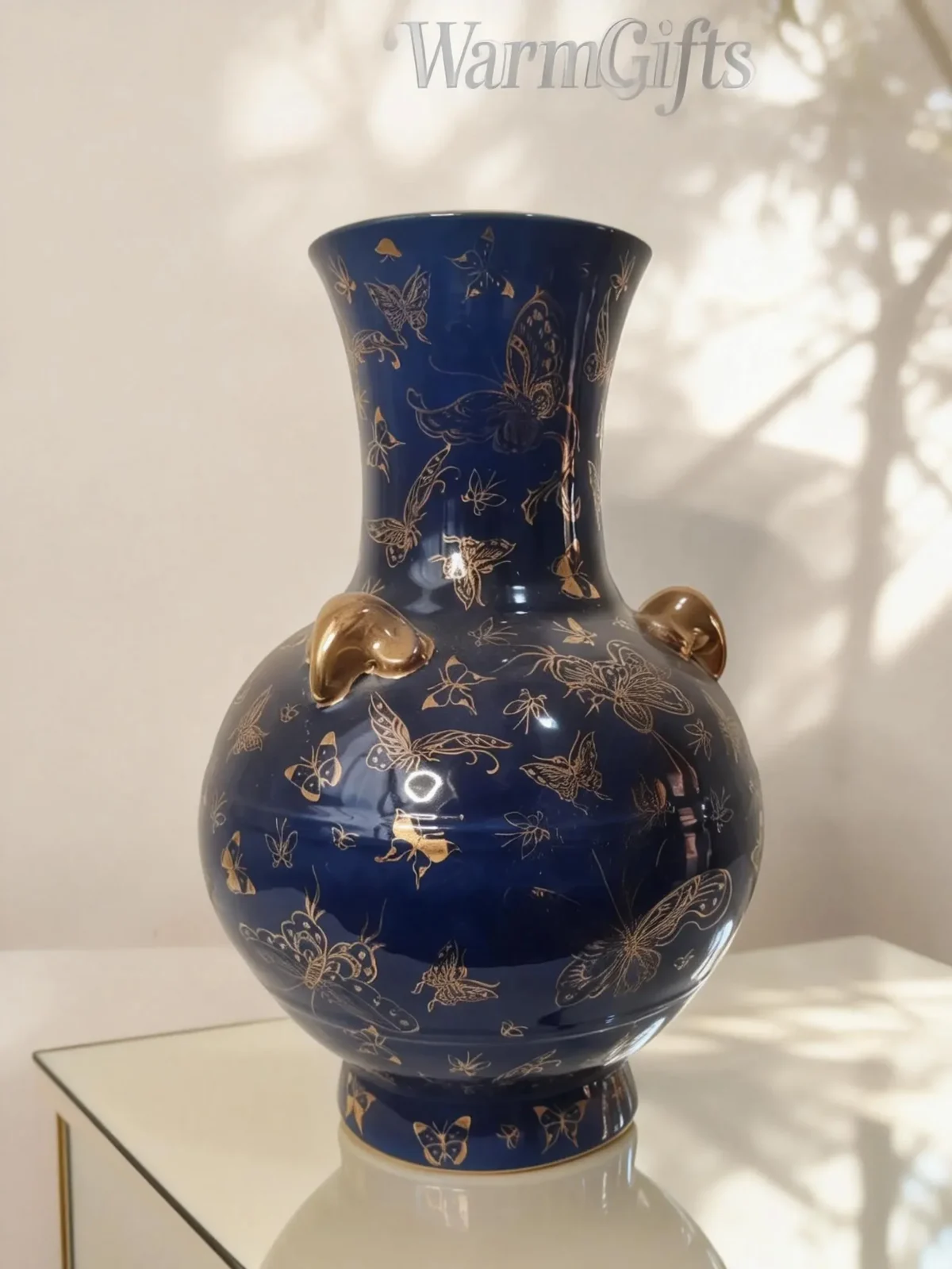 Antique Underglaze Blue-Ground Hundred Butterflies Gold-Traced Triple-Handled Lantern Bottle