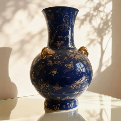 Antique Underglaze Blue-Ground Hundred Butterflies Gold-Traced Triple-Handled Lantern Bottle