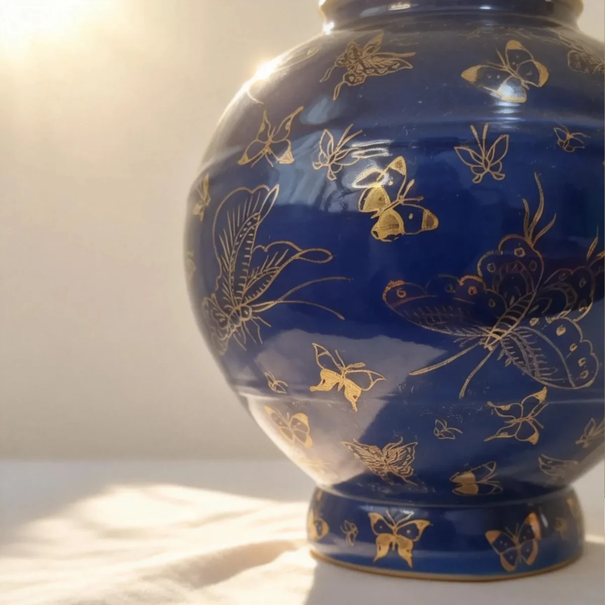 Antique Underglaze Blue-Ground Hundred Butterflies Gold-Traced Triple-Handled Lantern Bottle