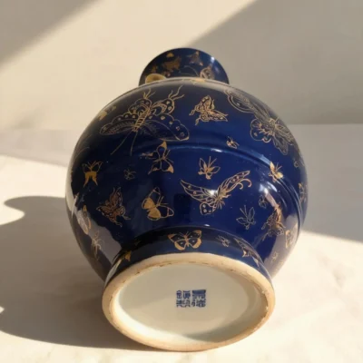 Antique Underglaze Blue-Ground Hundred Butterflies Gold-Traced Triple-Handled Lantern Bottle