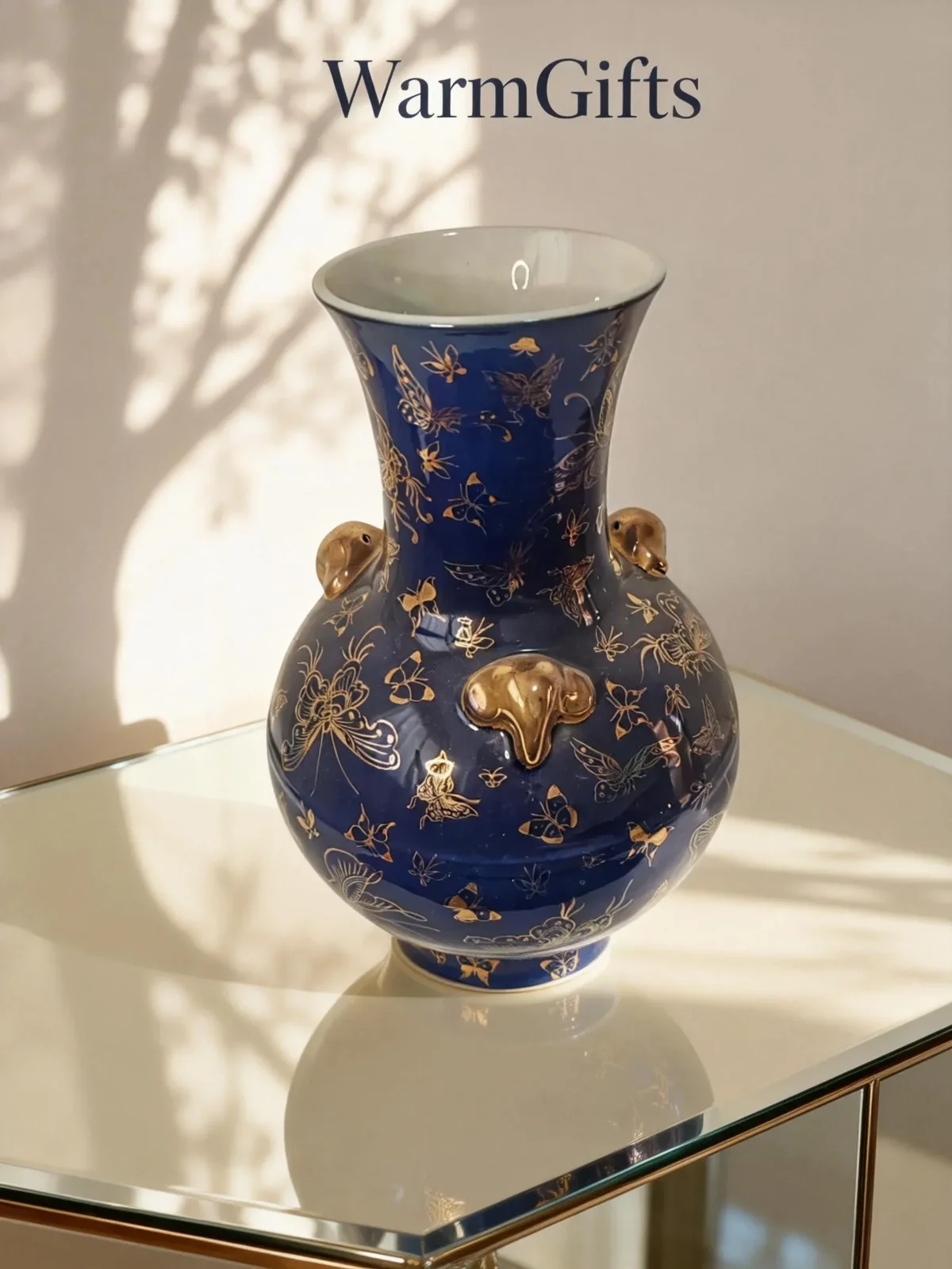 Antique Underglaze Blue-Ground Hundred Butterflies Gold-Traced Triple-Handled Lantern Bottle