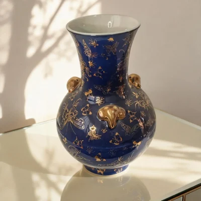 Antique Underglaze Blue-Ground Hundred Butterflies Gold-Traced Triple-Handled Lantern Bottle