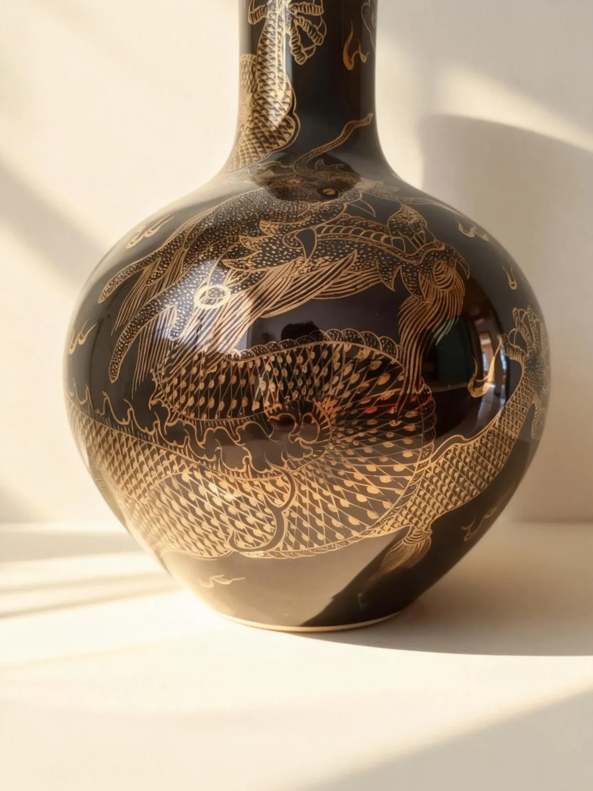 Straight-Neck Celestial Sphere Black Glaze Gold-Traced Dragon