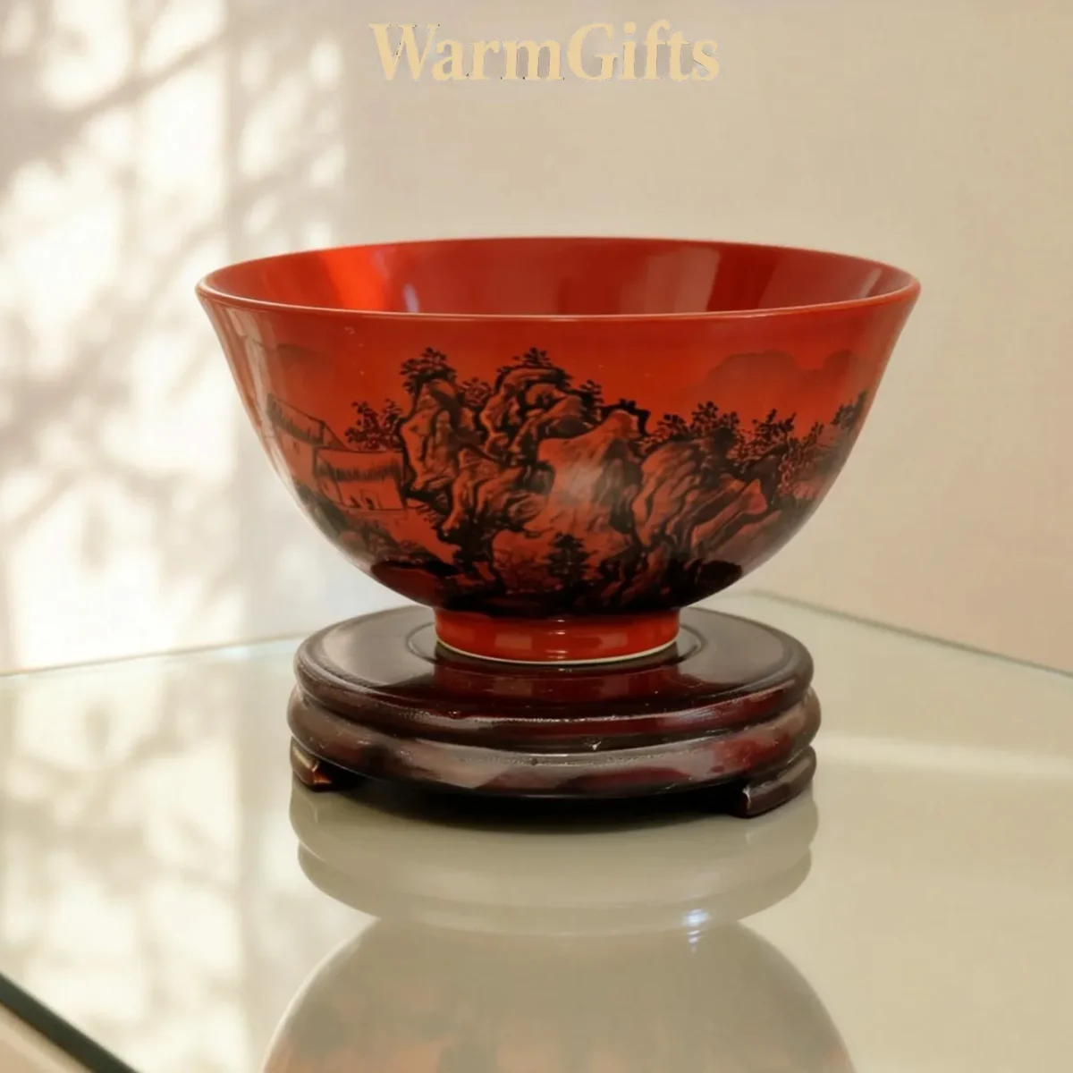 Red-Glaze Ink Landscape Porcelain Bowl