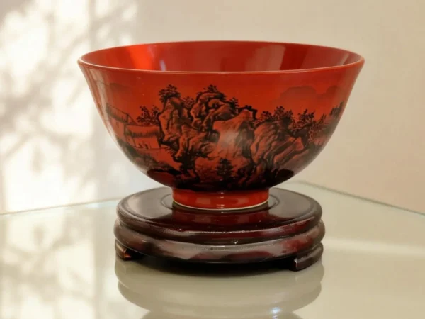 Red-Glaze Ink Landscape Porcelain Bowl