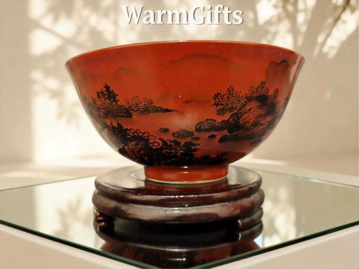 Red-Glaze Ink Landscape Porcelain Bowl