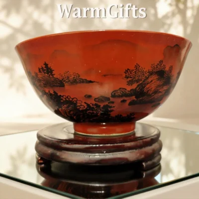 Red-Glaze Ink Landscape Porcelain Bowl