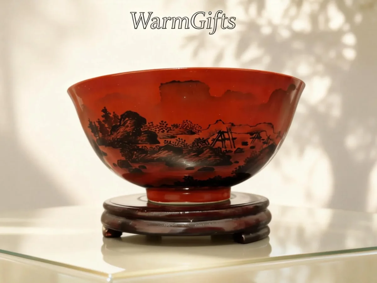 Red-Glaze Ink Landscape Porcelain Bowl