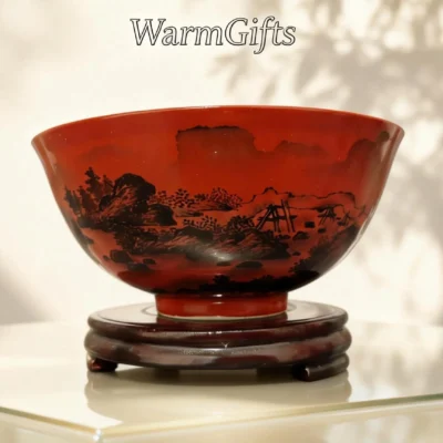 Red-Glaze Ink Landscape Porcelain Bowl