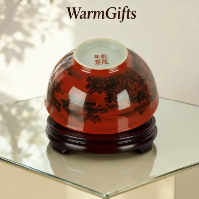 Red-Glaze Ink Landscape Porcelain Bowl