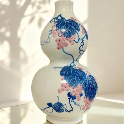 Flower Basket Bottle Pink Glaze with White-Peony Relief