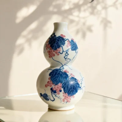 Flower Basket Bottle Pink Glaze with White-Peony Relief