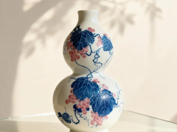 Flower Basket Bottle Pink Glaze with White-Peony Relief