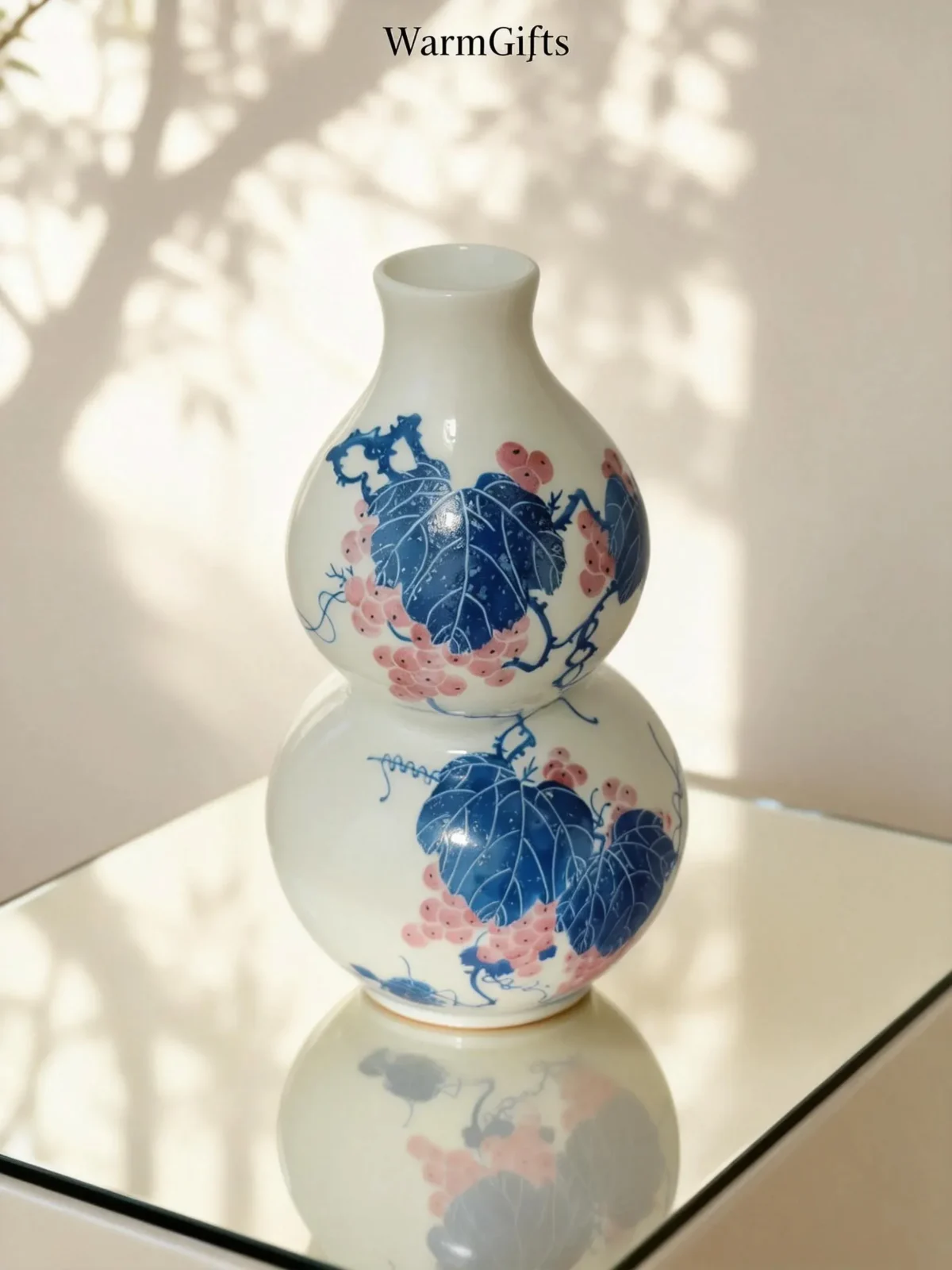 Flower Basket Bottle Pink Glaze with White-Peony Relief