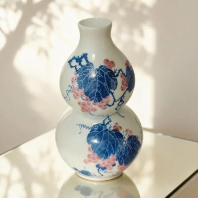 Flower Basket Bottle Pink Glaze with White-Peony Relief