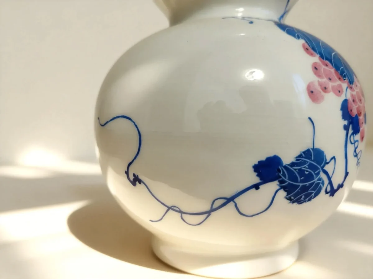 Flower Basket Bottle Pink Glaze with White-Peony Relief