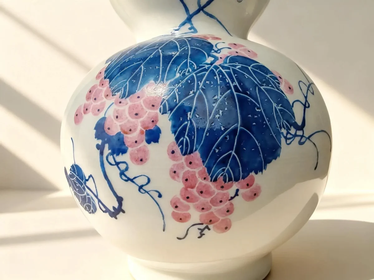 Flower Basket Bottle Pink Glaze with White-Peony Relief