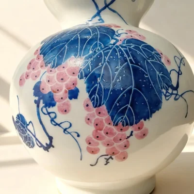 Flower Basket Bottle Pink Glaze with White-Peony Relief