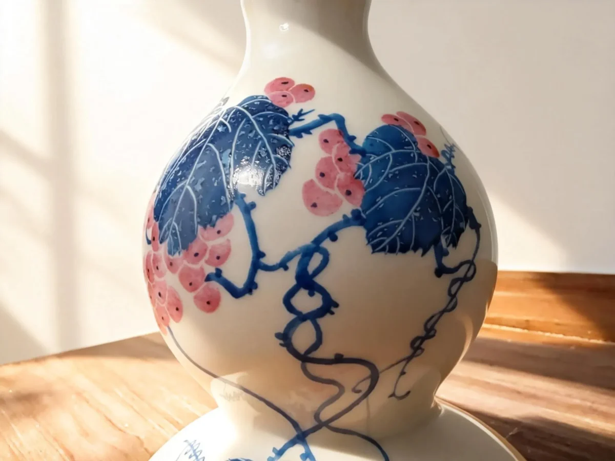 Flower Basket Bottle Pink Glaze with White-Peony Relief