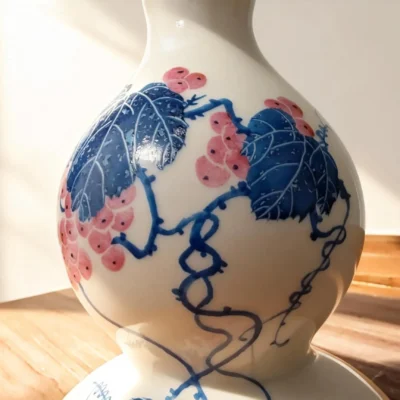 Flower Basket Bottle Pink Glaze with White-Peony Relief