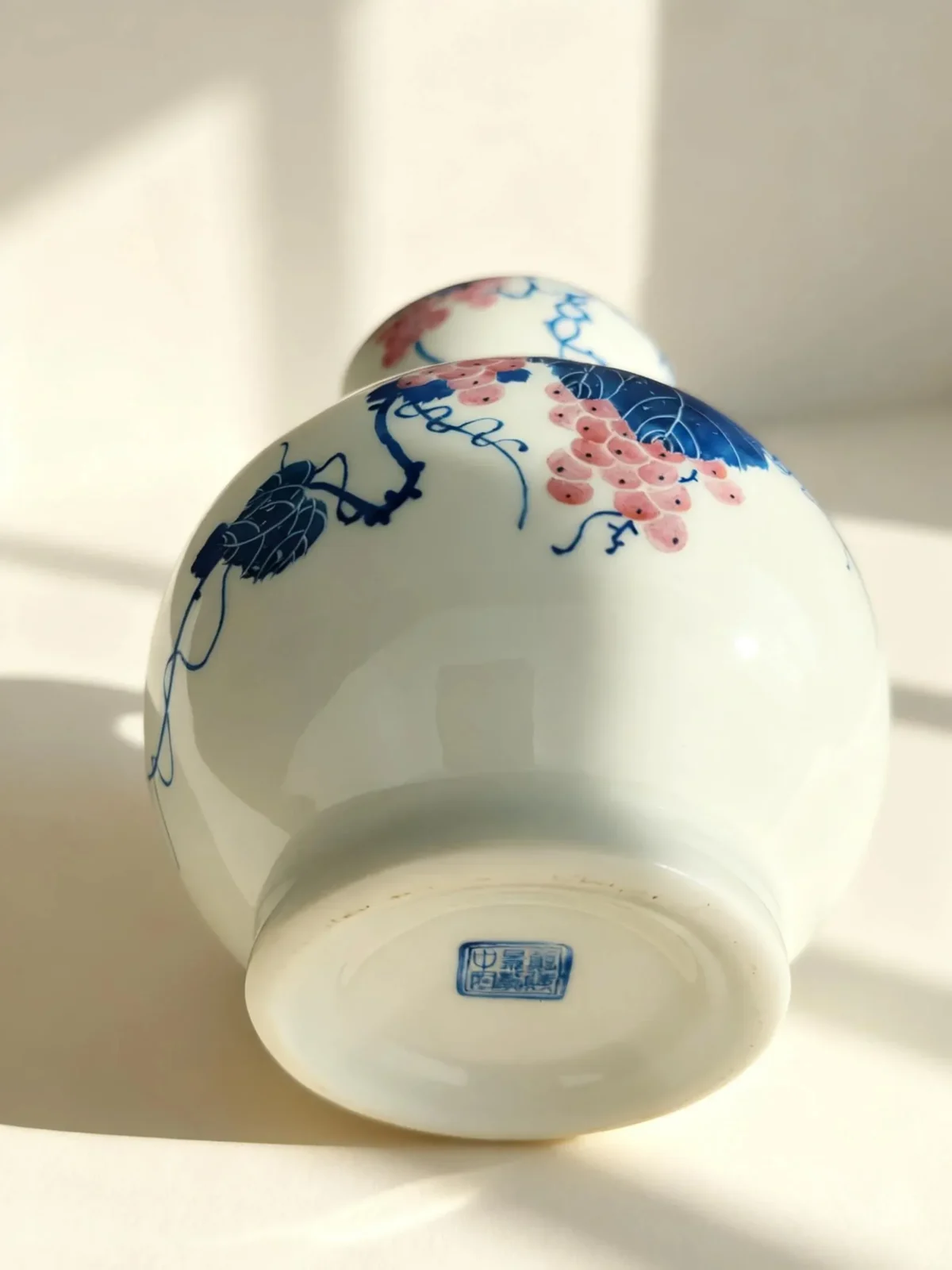 Flower Basket Bottle Pink Glaze with White-Peony Relief