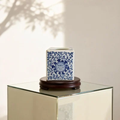 Blue-and-White Happiness and Longevity Pattern Square Ink Stand