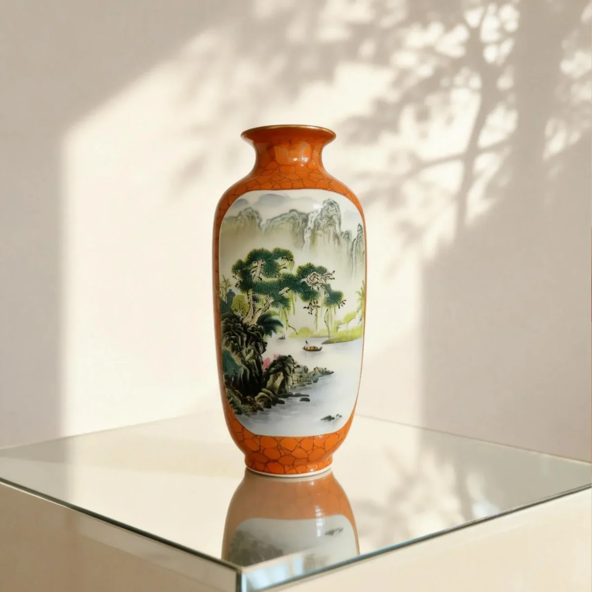 Winter Melon Iron-Red with Gold-Traced Landscape Double-Sided Reserved Panels