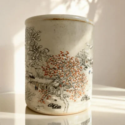 Snow Scene Gray-Glazed Brush Holder
