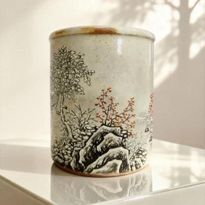 Snow Scene Gray-Glazed Brush Holder