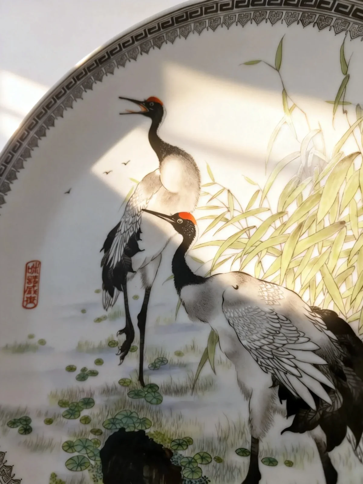 Wetland with red-crowned cranes and reeds