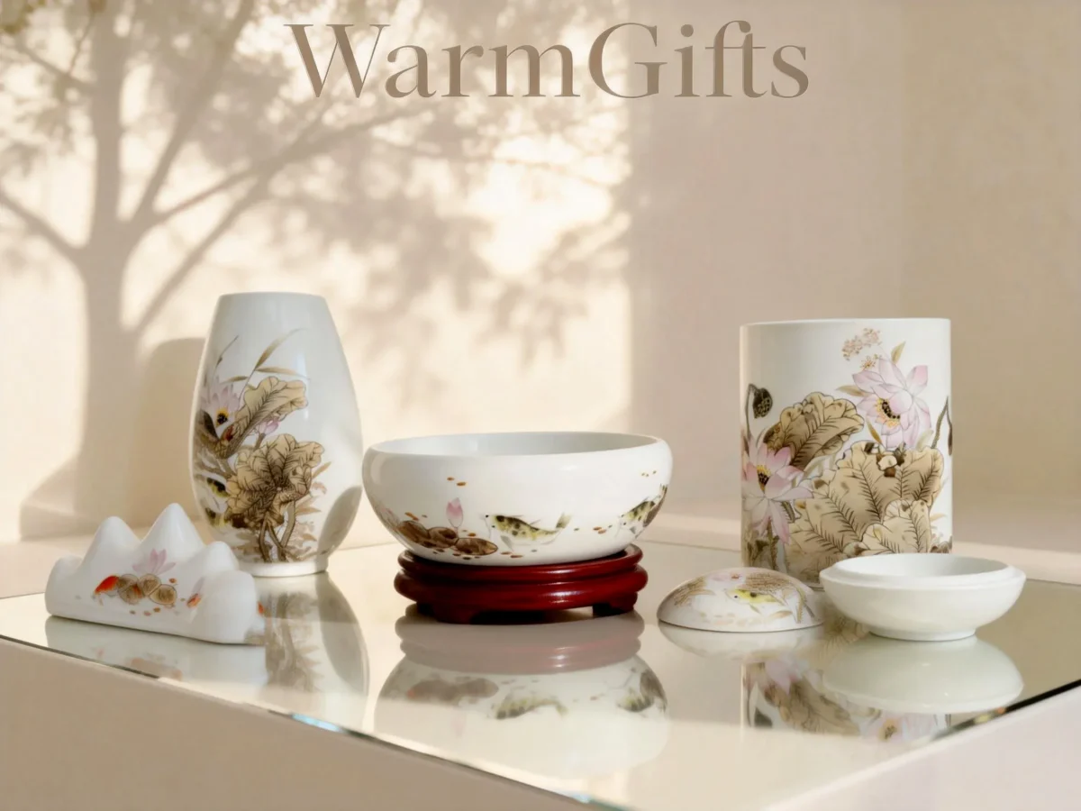 Dried Lotus porcelain calligraphy set - Nature's Meditation for Your Workspace