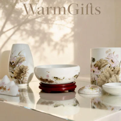 Dried Lotus porcelain calligraphy set - Nature's Meditation for Your Workspace