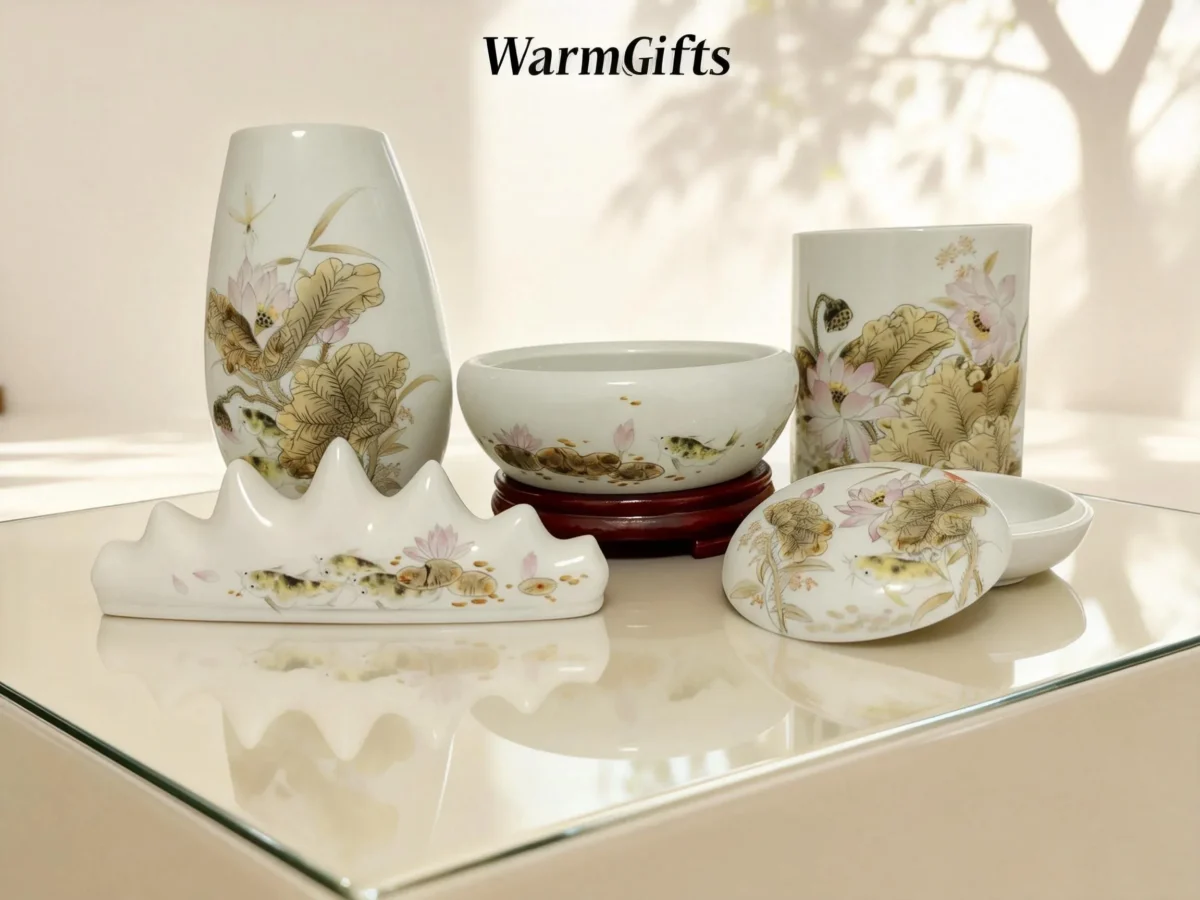 Dried Lotus porcelain calligraphy set - Nature's Meditation for Your Workspace