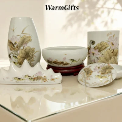 Dried Lotus porcelain calligraphy set - Nature's Meditation for Your Workspace
