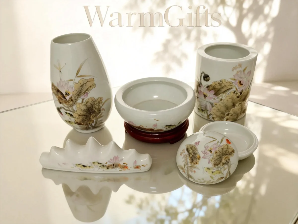 Dried Lotus porcelain calligraphy set - Nature's Meditation for Your Workspace