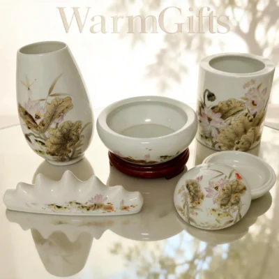 Dried Lotus porcelain calligraphy set - Nature's Meditation for Your Workspace