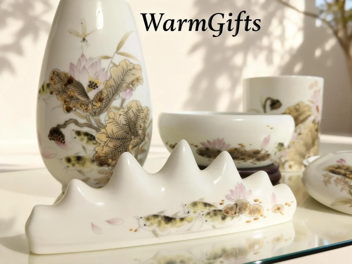 Dried Lotus porcelain calligraphy set - Nature's Meditation for Your Workspace