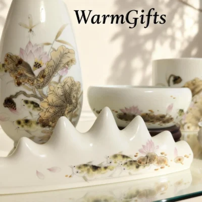 Dried Lotus porcelain calligraphy set - Nature's Meditation for Your Workspace