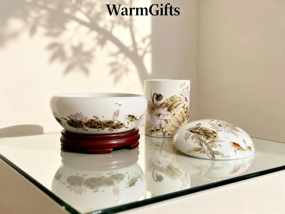 Dried Lotus porcelain calligraphy set - Nature's Meditation for Your Workspace