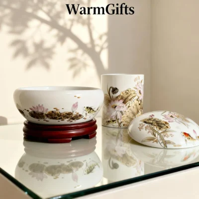 Dried Lotus porcelain calligraphy set - Nature's Meditation for Your Workspace