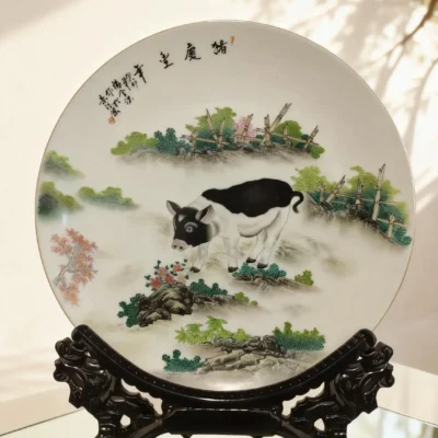 zhu01 Pig Celebrating Abundance Porcelain Plate