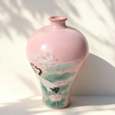 瓷瓶Xh01-4 ‘Cranes Dancing over the Lotus Pond’ — An Eternal Love Poem Painted on a Famille Rose Porcelain Vase