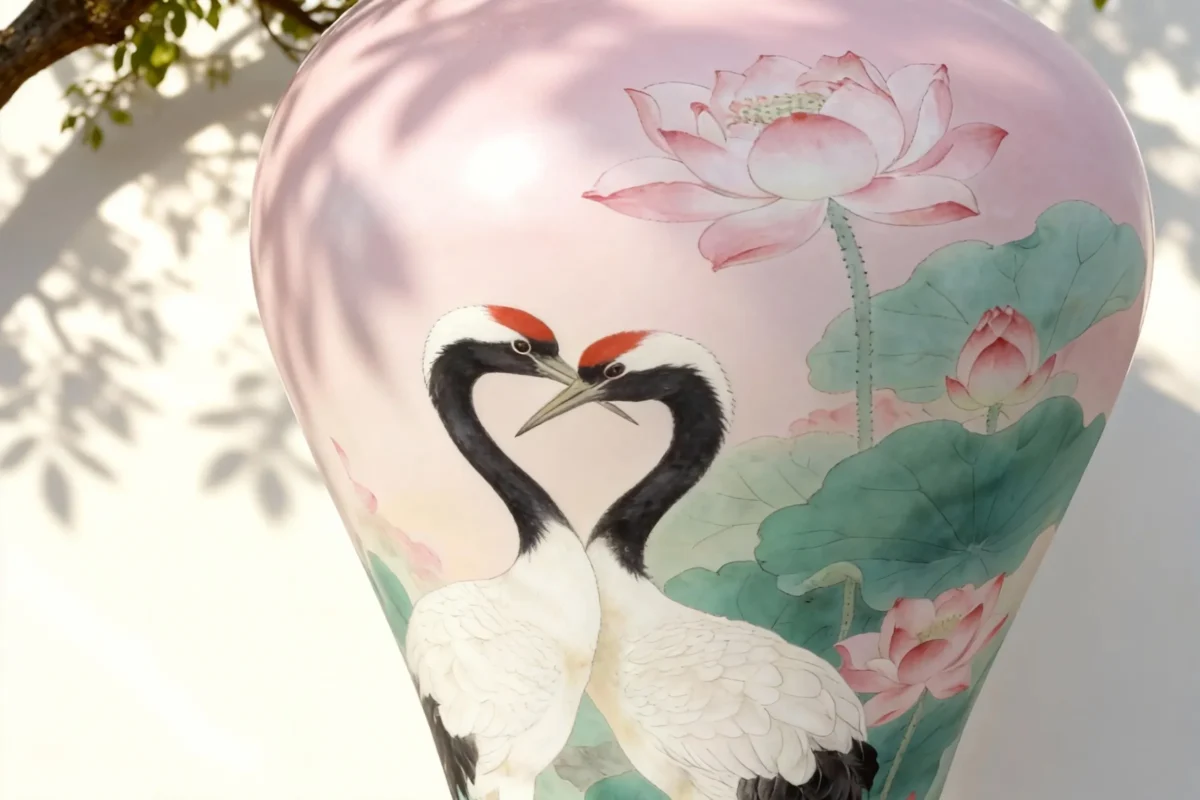 瓷瓶Xh01-6 ‘Cranes Dancing over the Lotus Pond’ — An Eternal Love Poem Painted on a Famille Rose Porcelain Vase